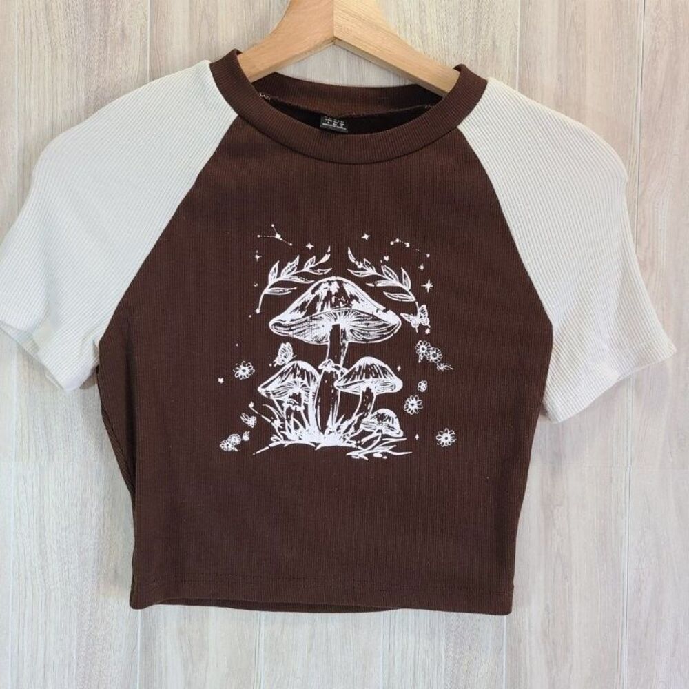 Shein Mushroom Graphic Crop Top Small Brown Ribbed Cottagecore Boho Tee